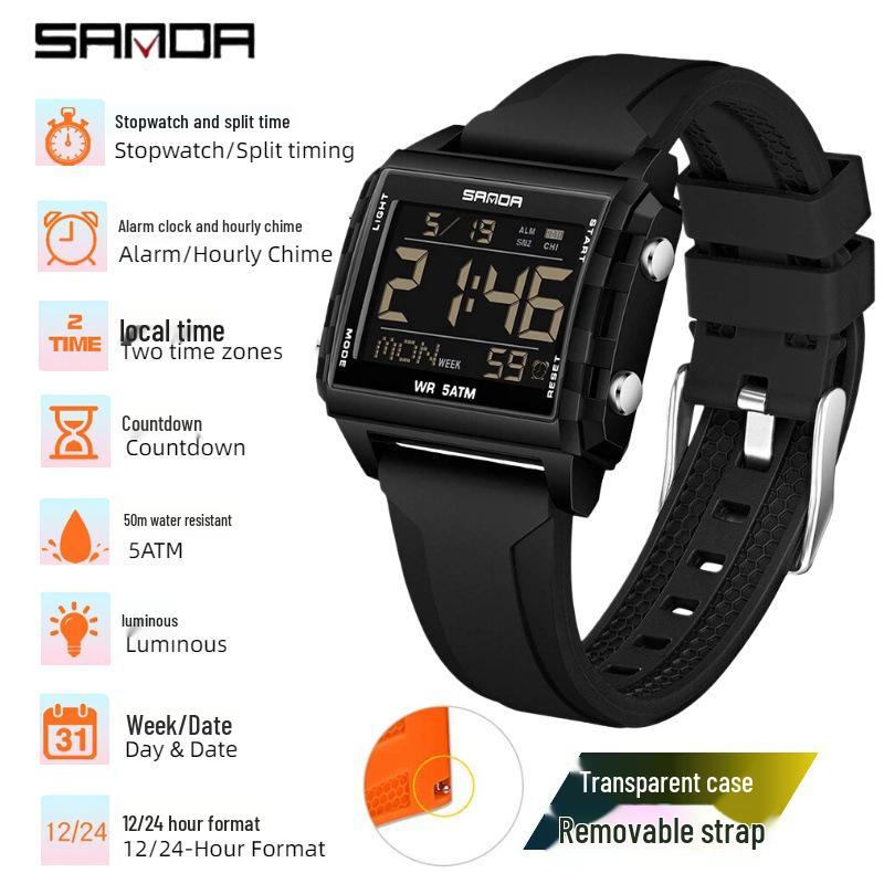 SANDA Men s Luminous Waterproof Sports Watch - Square Design with Multifunctional Countdown Timer