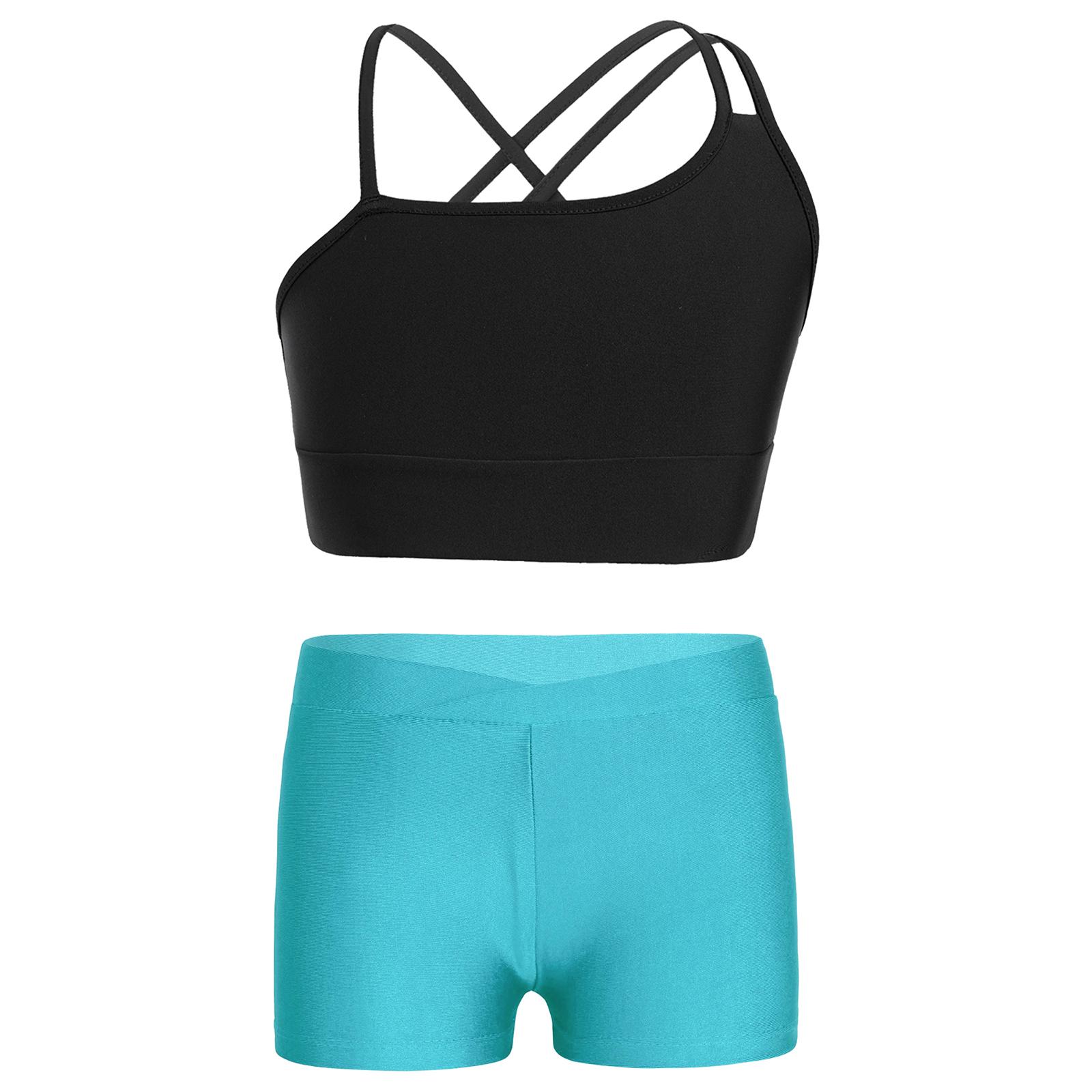 

Girls Asymmetrical Strappy Crop Top V Front Waistband Shorts Sports Gymnastics Workout 7-8 Years
