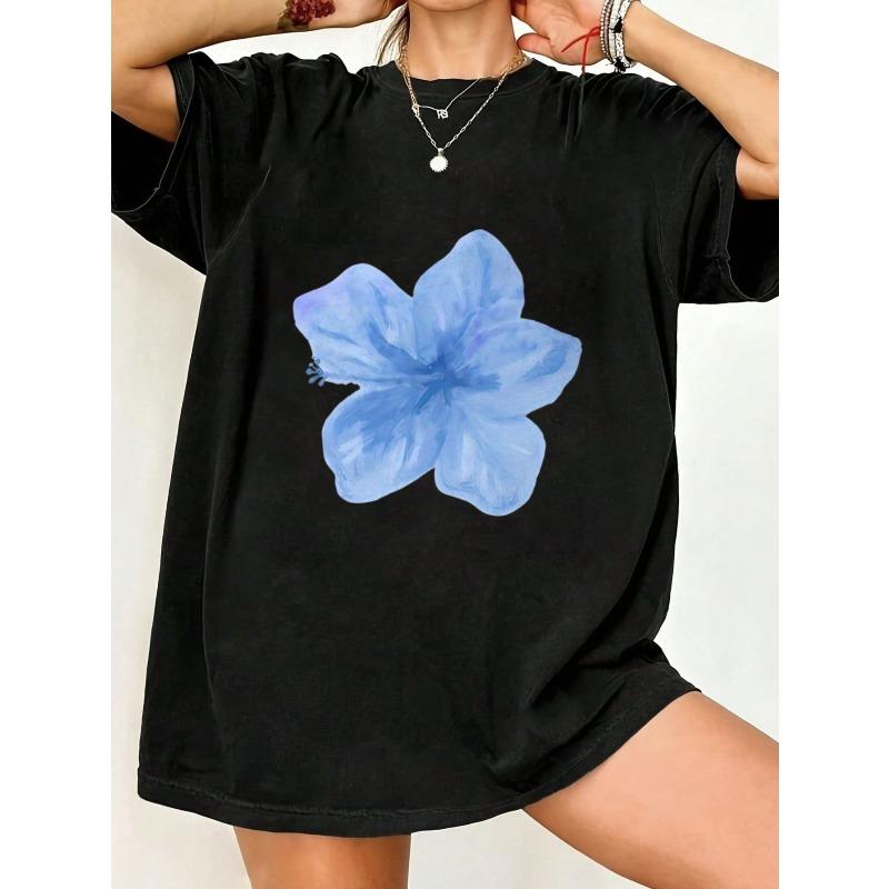 Black Oversized T Shirt With Blue Flower Print For Casual Wear