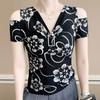 Summer Off Shoulder Women's Print Flower T-Shirt Sexy V-Neck Hot Diamonds Tops Chic Short Sleeve Fashion Blouse