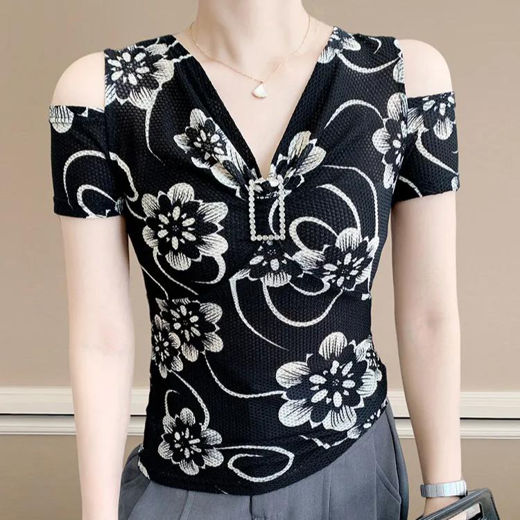 Summer Off Shoulder Women's Print Flower T-Shirt Sexy V-Neck Hot Diamonds Tops Chic Short Sleeve Fashion Blouse