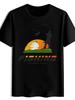 Casual Fishing Graphic T-shirt - Black Short Sleeve Crewneck with Big Fish & Sunset Print