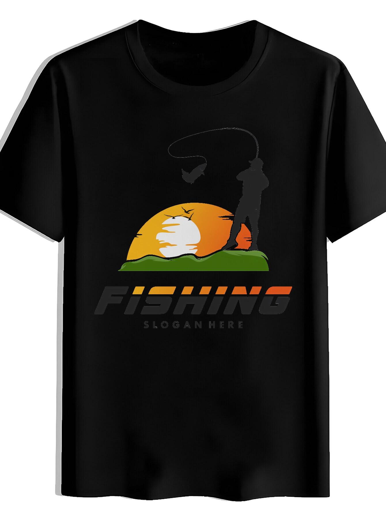

Casual Fishing Graphic T-shirt - Black Short Sleeve Crewneck with Big Fish & Sunset Print XXXXL