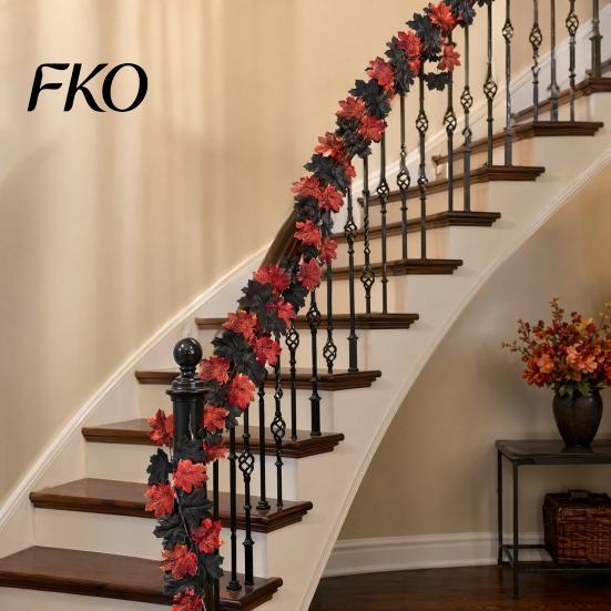 High-density Fabric Leaves Artificial Maple Leaf Garland, Autumn Faux Vine, Black & Red Fall Garland Hanging Vine for Fireplace Front Door