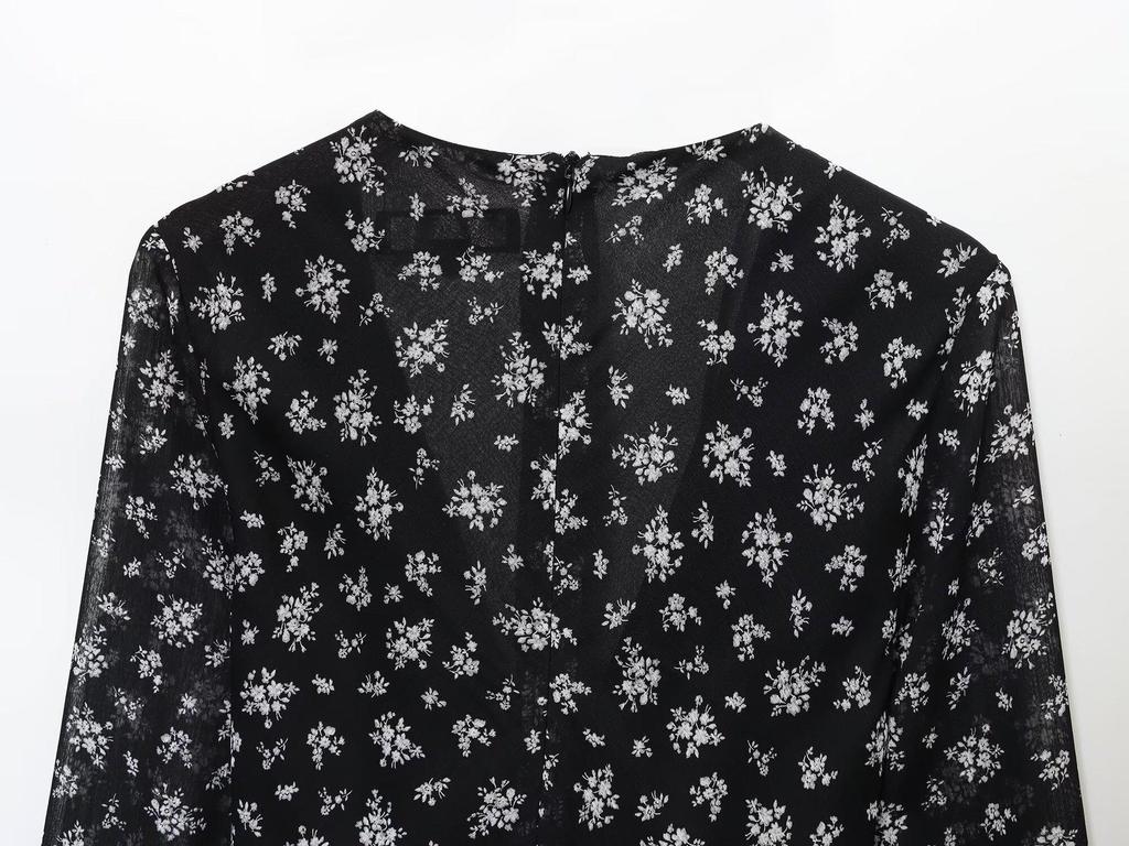 2025 Autumn/Winter European Women's Waist-Cinching Printed Long-Sleeve Dress