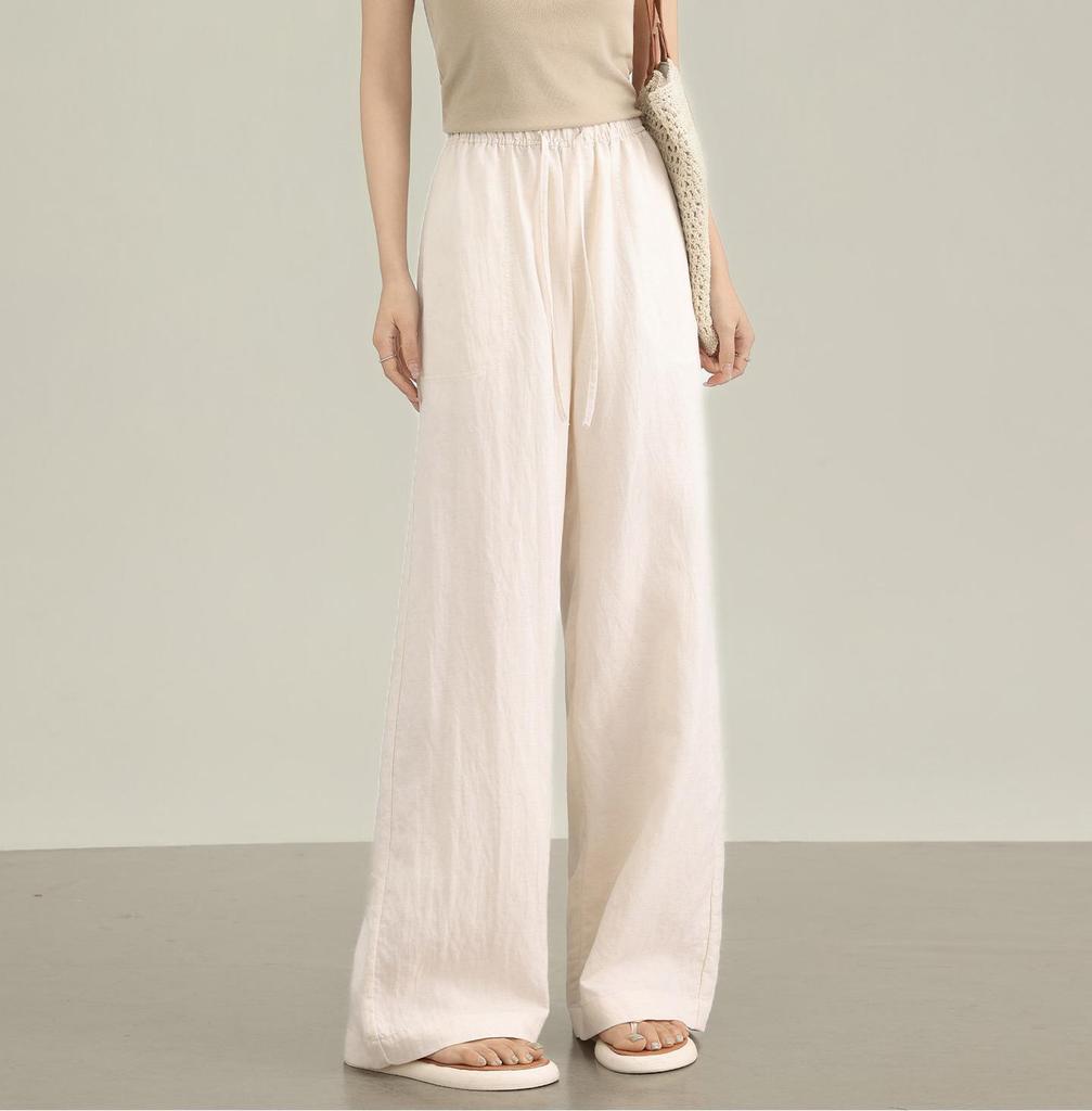 Women's Dark Blue Tencel Linen Anti-Wrinkle High Waist Wide Leg Pants - Summer Cool Thin Straight Leg Design
