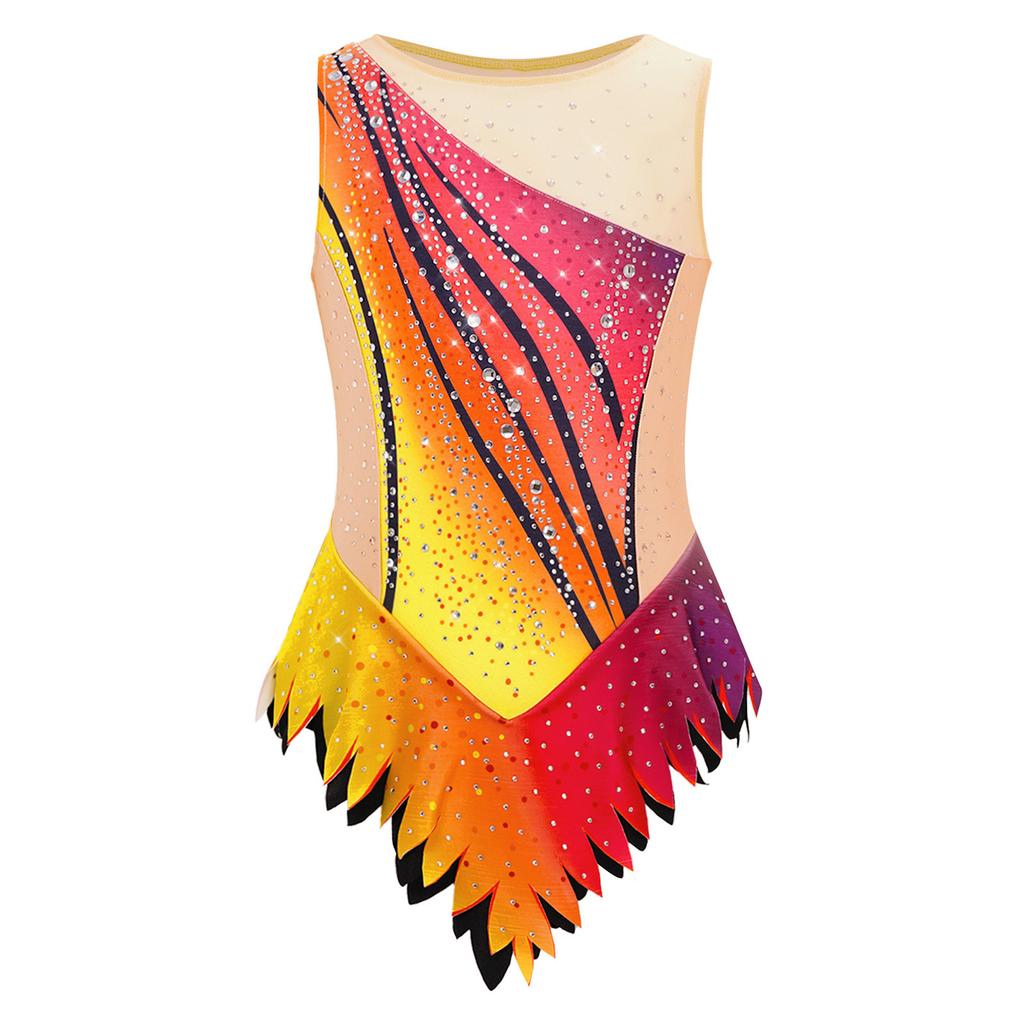Maillot de ballet pour enfant à manches courtes, bloc de couleurs, strass, body en maille avec fermeture à pression à l'entrejambe pour gymnastique rythmique, spectacle sur scène