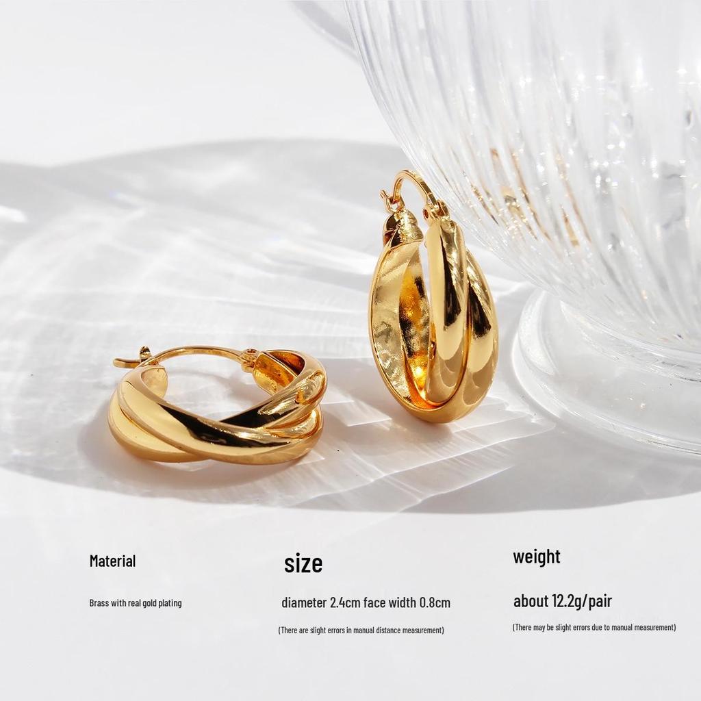 Chic Double-Line Cross Circular Earrings - Women's Fashion Metal Hoops