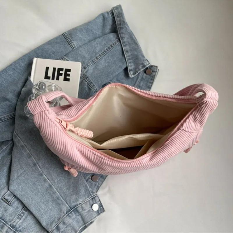 Corduroy Shoulder Bag Solid Color Women Crossbody Bag with Pockets Crescent Bag Everyday Sling Bags for School Travel Work Bolsa