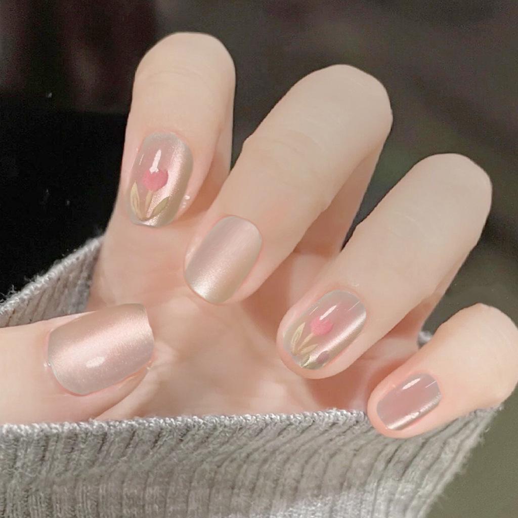 

Tulip Cat Eye Floral Pink Gel Nail Tips - Gentle, Sweet, Translucent Wearable Nails for Spring/Summer XS Extra Small (includes tool kit)