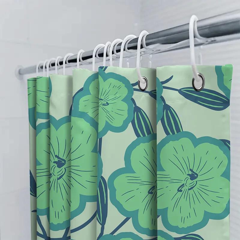 Green Blue Flower Print Shower Curtain, Polyester Fabric Bathroom Decor Waterproof Liner for Home Decoration in Bathrooms from