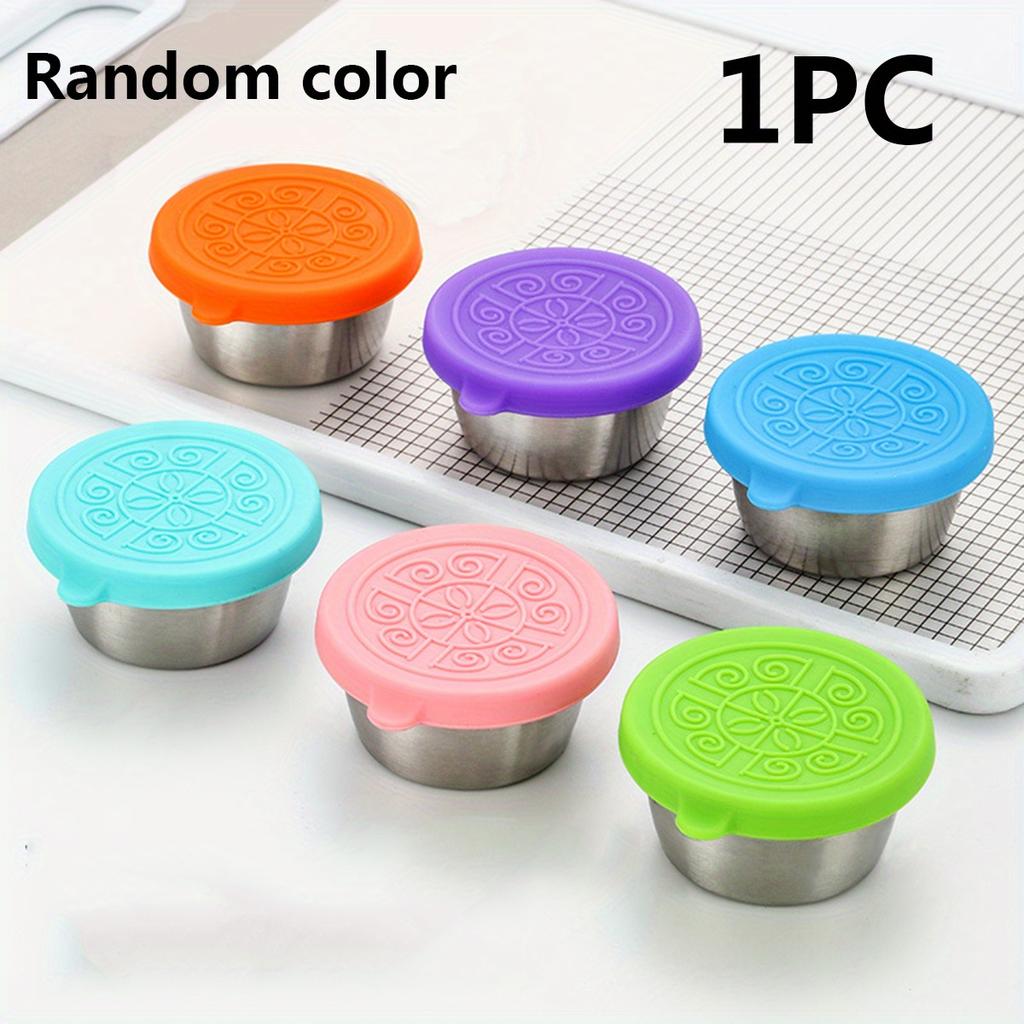 1pc Random Color Leakproof Stainless Steel Sauce Cups with Reusable Silicone Lids - Perfect for Salad Dressing, Bento Lunch Boxes, and Travel