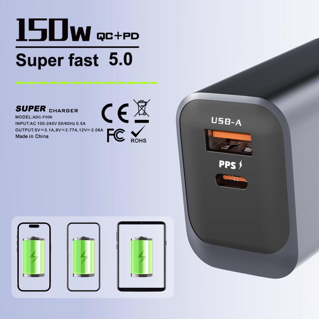 150W Dual Port USB & Type-C Charger, PD 22.5W Fast Charging Adapter