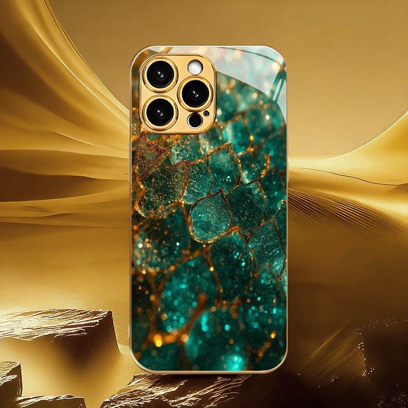 Zelený křišťál pozlacený vzor listu galvanicky pokovené tvrzené sklo kryt na telefon vhodný pro iPhone 17 16 15 14 13 12 11