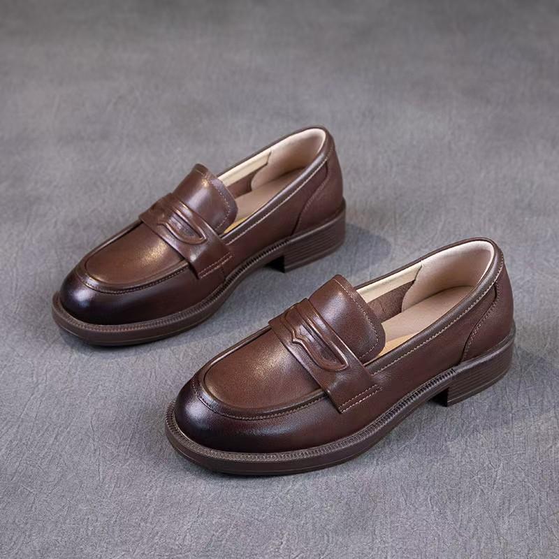 Leather retro one-pedal lazy shoes women's thick heel single shoes new small leather shoes flat bottom