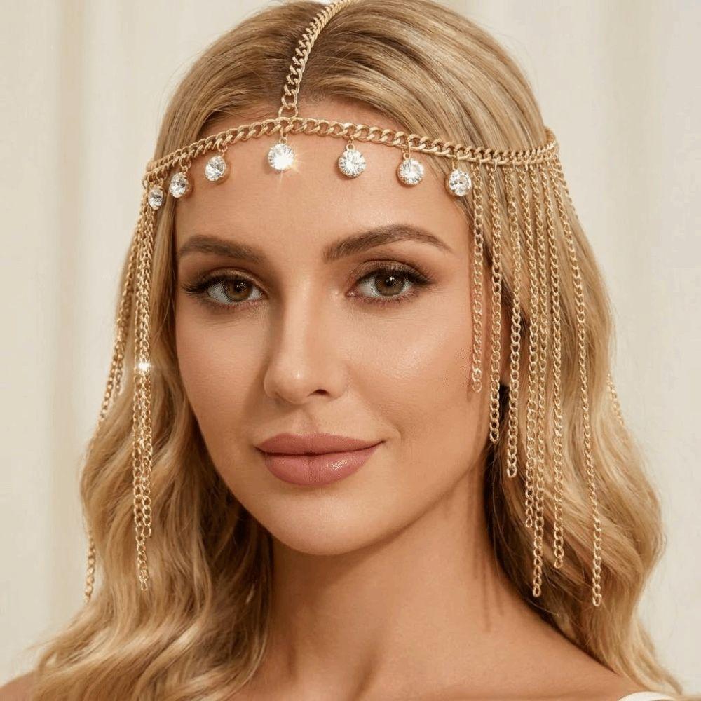 Rhinestone Tassel Hair Chain Retro Ethnic Style Adjustable Hair Accessory Sparkling Bohemian Style Head Chain Tiara Women