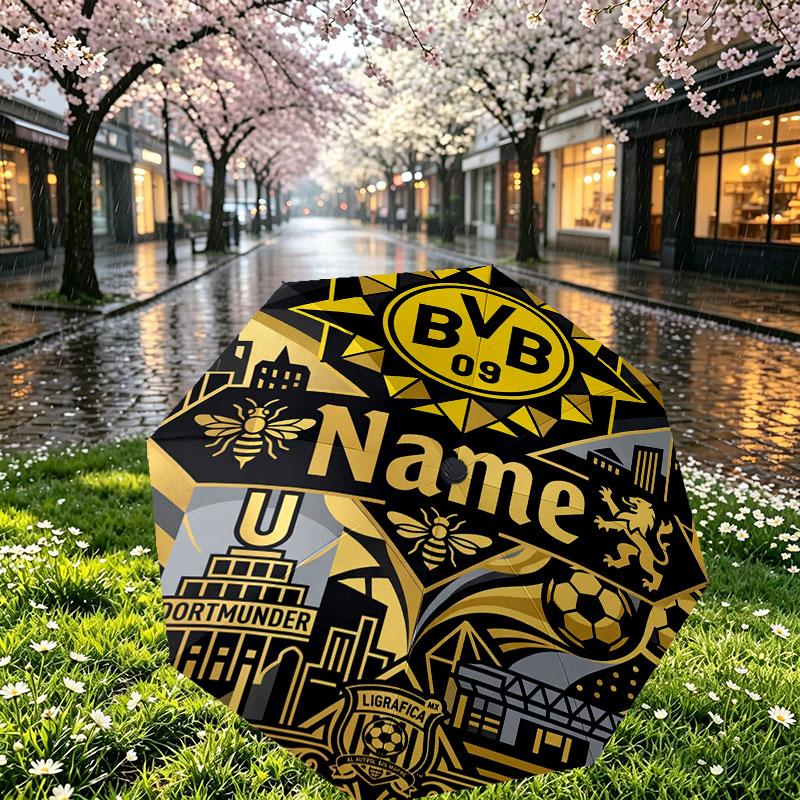 Custom Name Personalized Borussia Dortmund Bvb Print Umbrella, Auto Open Close, 8‑Rib Sturdy Frame, Commute Camping Hiking Use, Birthday Gift