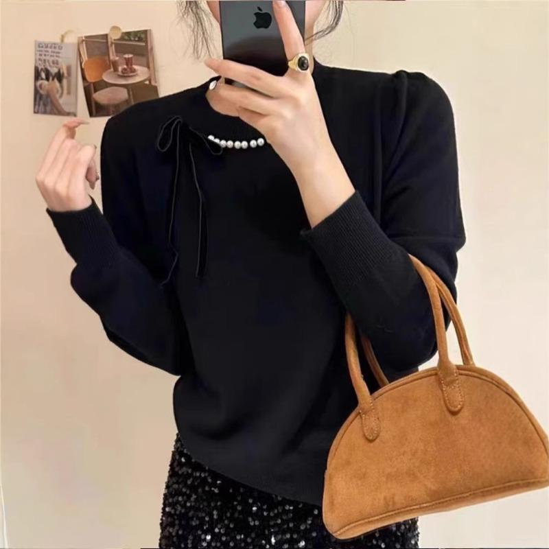 Autumn and winter new bow bead knitted sweater women's versatile solid color pullover soft waxy sweater top women