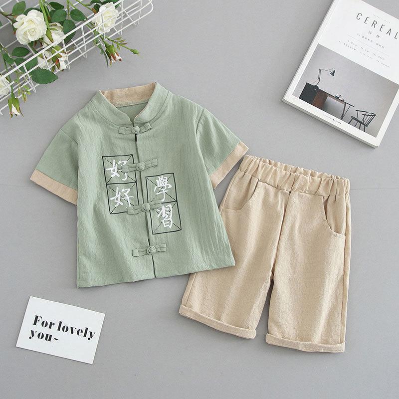 Completo Estivo da Ragazzo a Maniche Corte Stile Cinese per Bambini Hanbok Bello Completo Tang Cotone Lino Sezione Sottile di Abbigliamento Antico