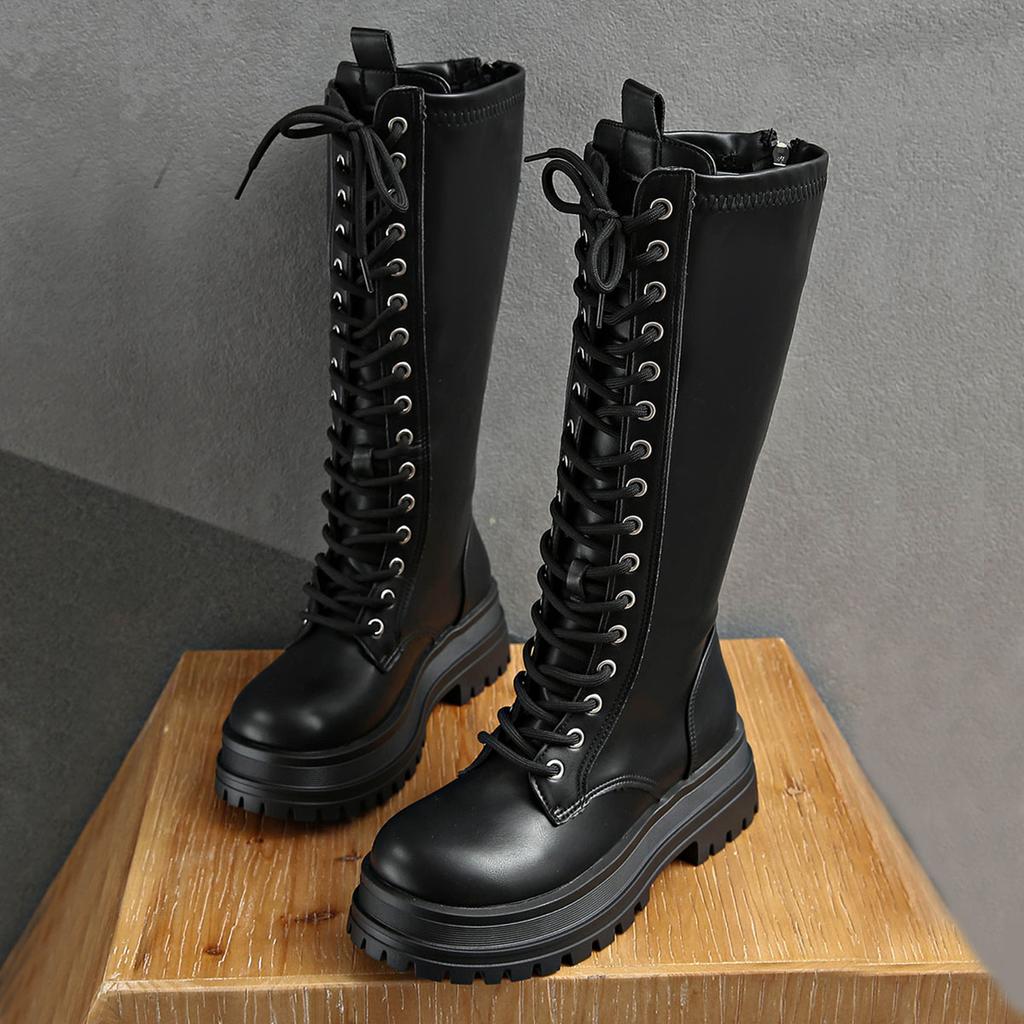 Fashion 2025 New Thick Bottom Heightening Knee High Boots Versatile Autumn Winter Shoes Black Back Zipper Long Knight Botas for Women