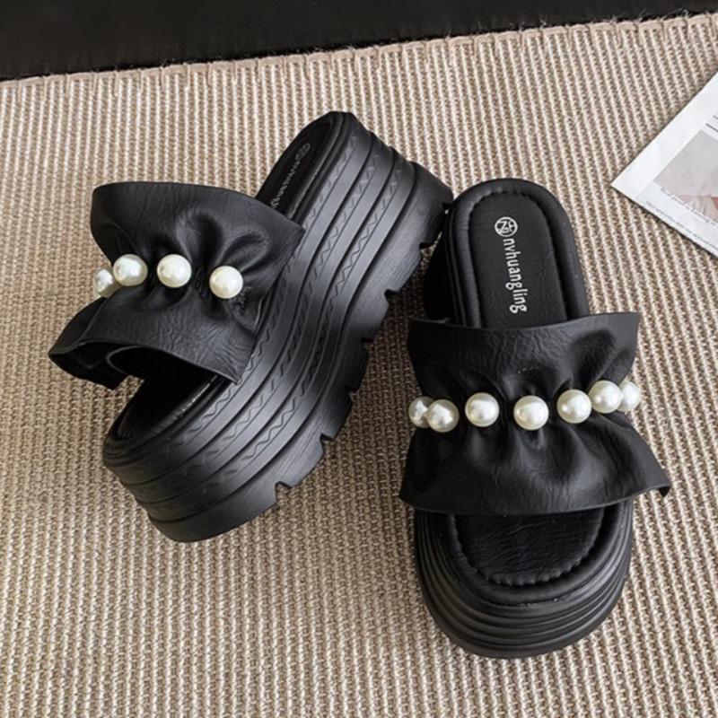 Fashion Summer Bead Pleated Women Slippers High Heels Shoes Platform Elegant Slingback Sandals 2025 Fad New Trends Shoes Dress Zapatos