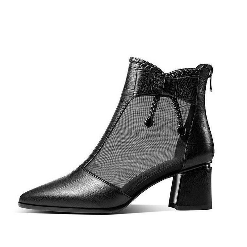 Mode FHC Cut-Out Sandalen Stiefel Frau, Sommer High Heels Mesh Schuhe, Reißverschluss hinten, Schleife, Spitze Zehenpartie, Damenschuhe, SCHWARZ, Dropship