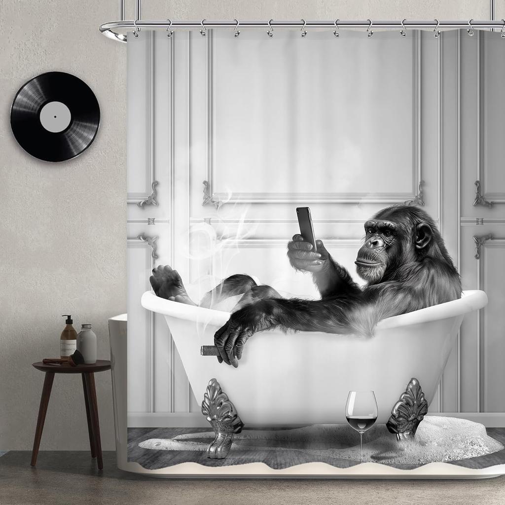 Funny Monkey Shower Curtain Meditation Zen Spirit Animal Chimpanzee Lotus Leaves Plant Bamboo Nature Bathroom Modern Waterproof