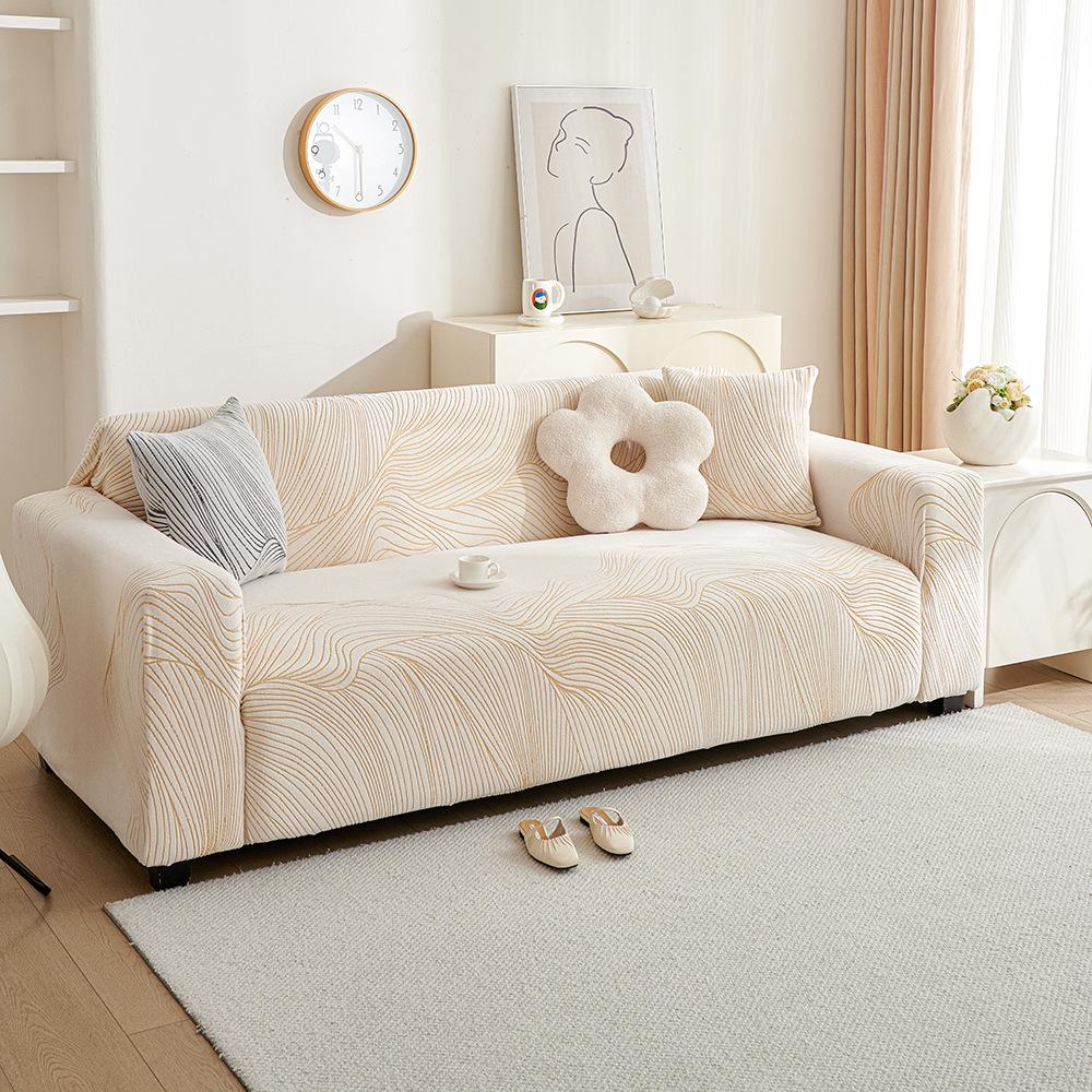 Striped Jacquard Velvet Cream Elastic Sofa Cover Universal Anti Cat Scratch Sofa Cover All Inclusive Universal Set Autumn and Winter Cover Fabric