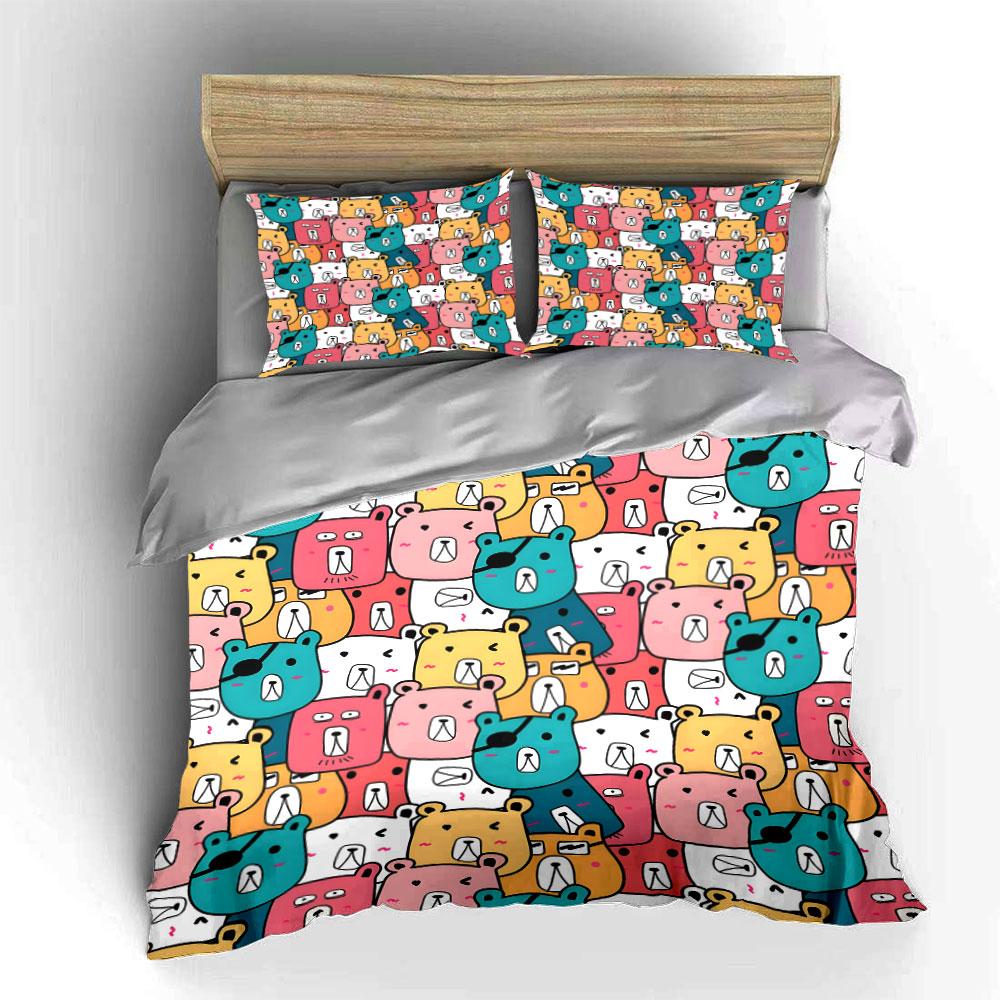 Cartoon Bear Faces Pattern Bedding Duvet Cover Set  (1*Duvet Cover 2*Pillowcases, Without Duvet Insert)