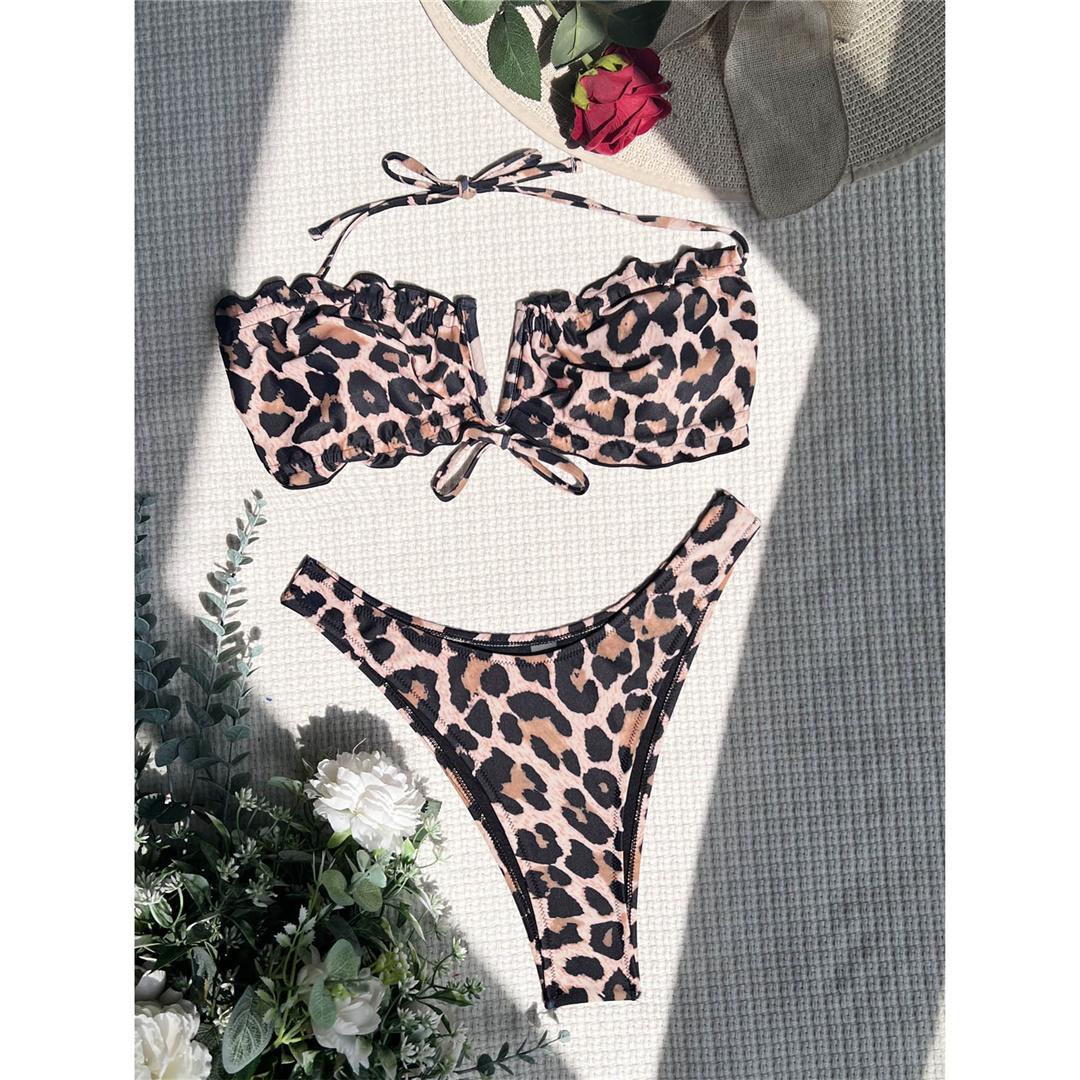 

мода леопардовый V-образный халтер оборка оборками бикини женский купальник женский купальник из двух частей бикини комплект купальный костюм купальный костюм плавание S
