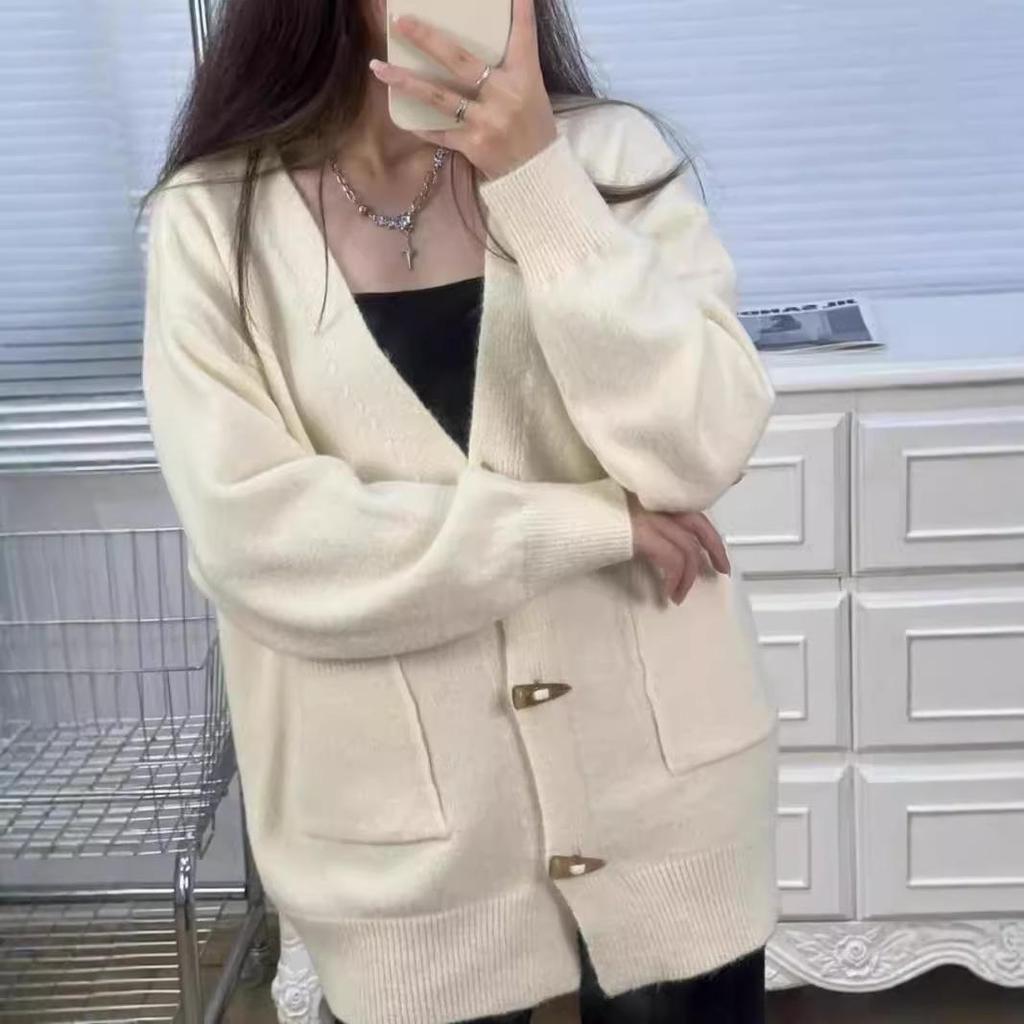 Damen Übergröße Hornknebel Strickjacke - 2024 Herbst/Winter Lockerer Oberbekleidungs Pullover Mantel