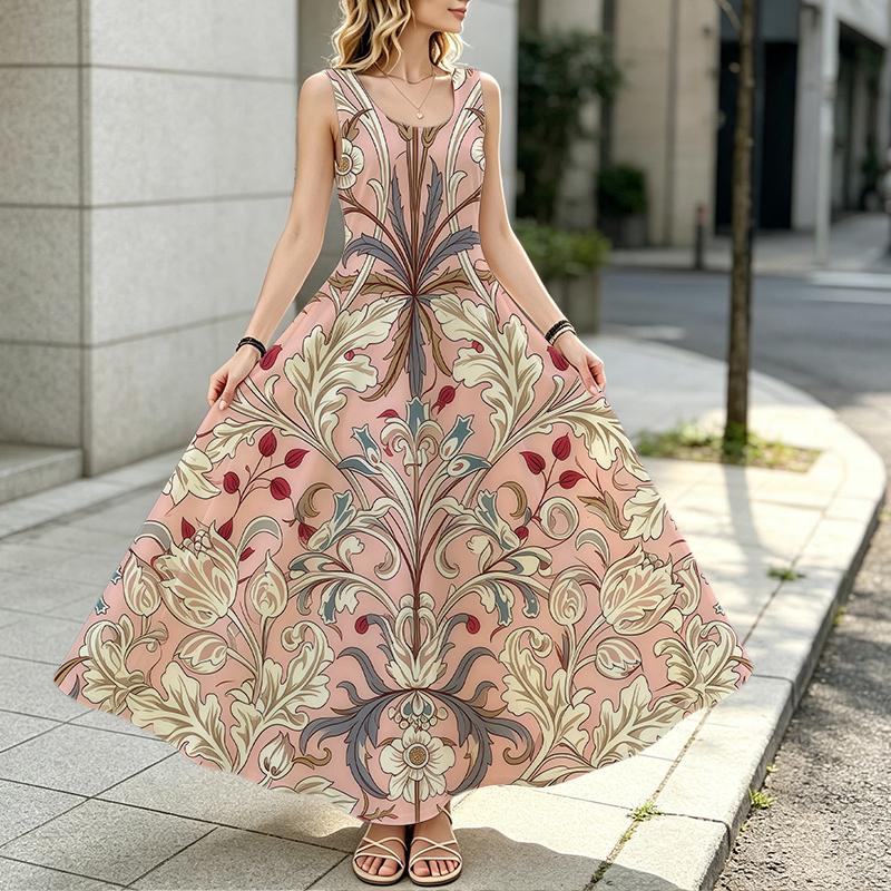 Sleeveless Maxi Dress Vintage Floral Design,Loose Fit,Soft Skin-friendly Fabric,Elegant & Stylish Picnic Outfit,Ideal for Daily Casual
