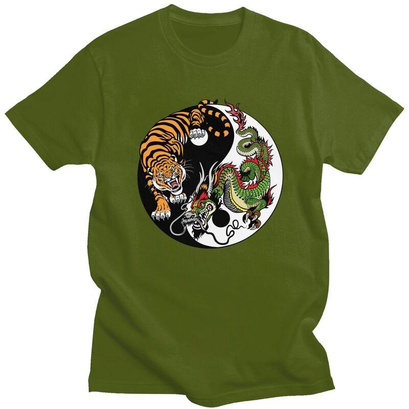 Custom Male Dragon And Tiger Yin Yang Symbol T Shirts Short Sleeve Cotton Tshirt Leisure Tees Slim Fit Clothes