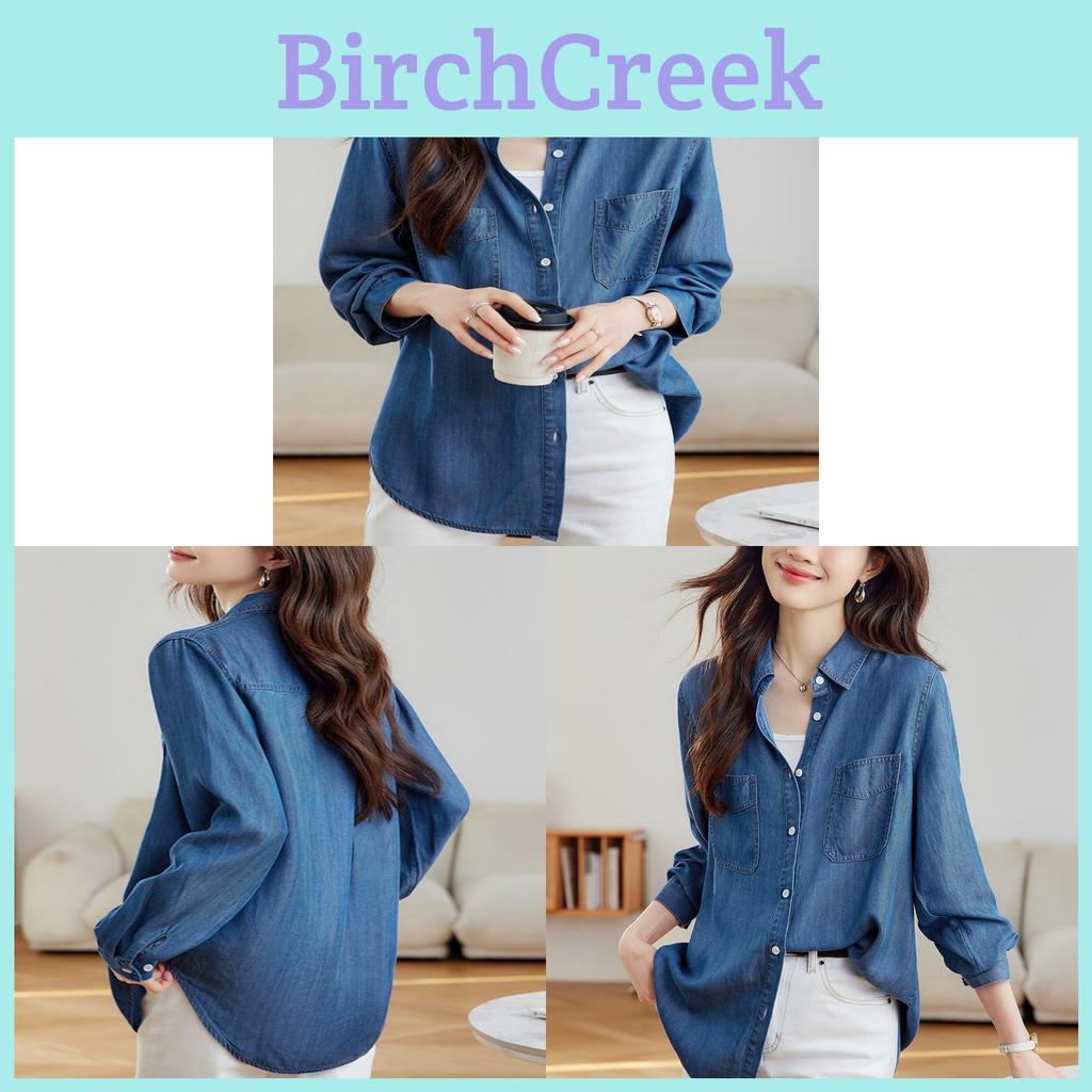 Tencel Denim Blue Shirt For Women Long Sleeve Casual Office Wear With Wrinklefree Technology
