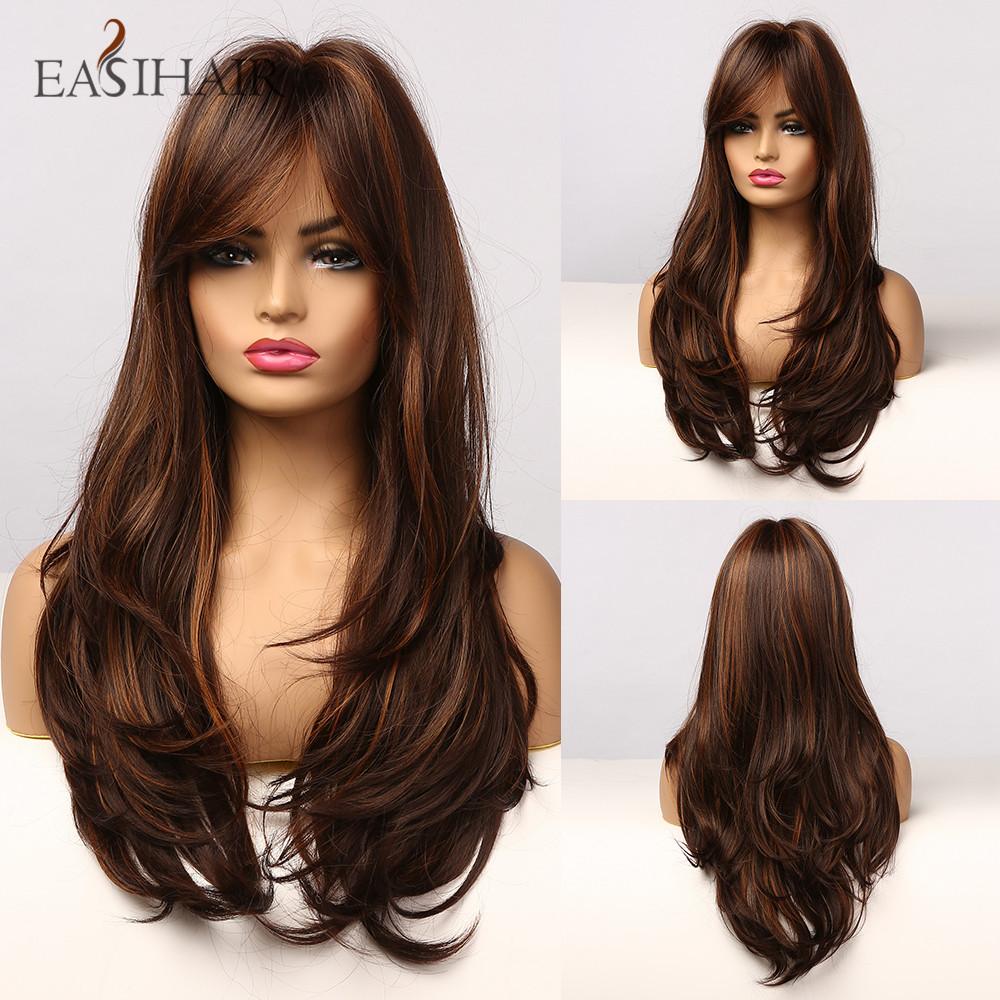 EASIHAIR Long Blonde Synthetic Wigs with Bangs Natural Wavy Hair Wig for Women Daily Cosplay Wig Heat Resistant Fiber