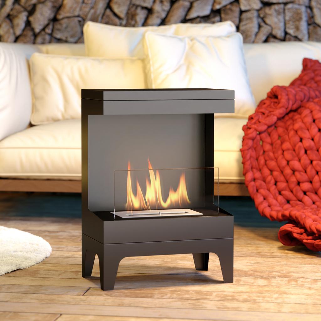 Freestanding Bioethanol Fireplace with 0.9L Burner and 3.3 Hour Burn Time, 38x22x54 cm, Black