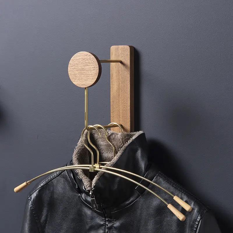 Practical Walnut Solid Wood Clothes Hanger Cloakroom Bathroom Toilet Furniture Storage Brass Metal Wall Hanging Coat Towel Rack