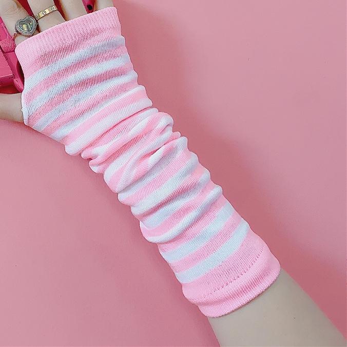 Y2K Lolita Damen Mädchen Gestreifte Handschuhe Wärmende Strick Lange Gestreifte Fingerlose JK Handschuhe Ellbogenfäustlinge Party Lolita Accessoires