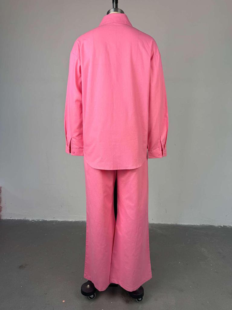 European & American Women's 2025 Summer Two-Piece Set: Sweet Fresh Lapel Beaded Shirt with High Waist Straight Leg Pants.