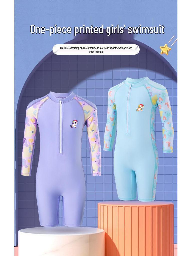 Girls' Cartoon Sunscreen Quick-Dry Swimsuit – Short & Long-Sleeved Options