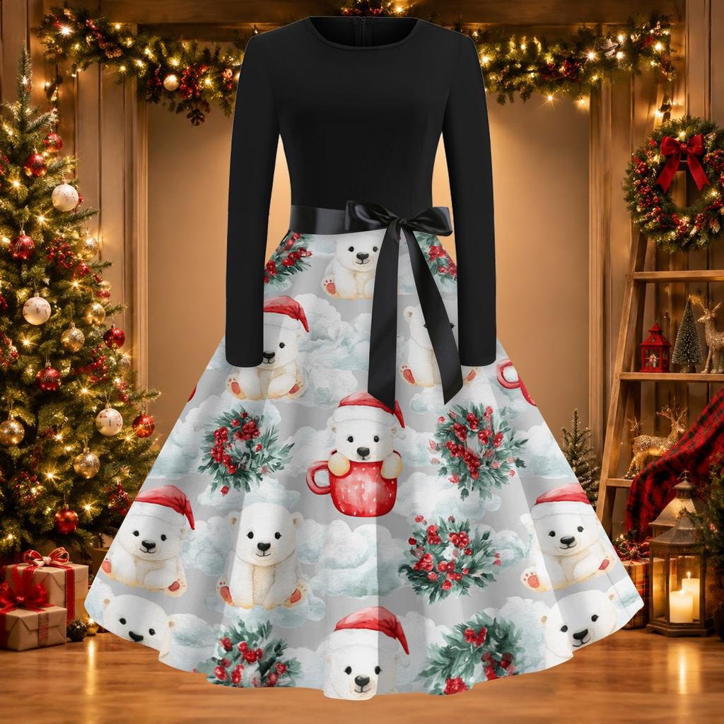 Women's Casual Vintage Christmas Print Neck Dress