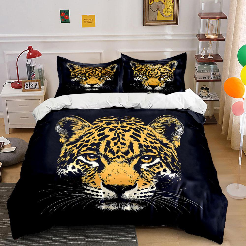 Leopard Face Illustration on Black Background Print Bedding Set Duvet Cover Pillowcases (1* Duvet Cover 2* Pillowcases Do Not Include Comforter)
