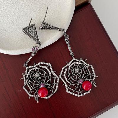 Black Spider Weaving Web Earrings Creative Diamond Set High-End Long Earrings Fashion Dark Exaggerated Earrings Women