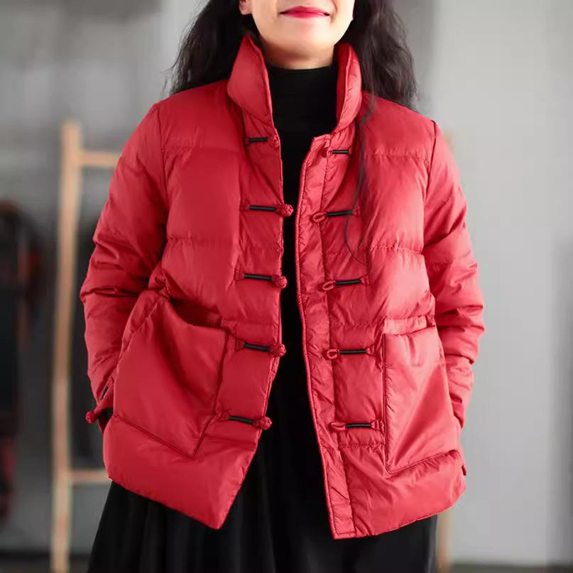 

Chinese Style Disc Buckle Lightweight Down Jacket Women s Short Chinese Ethnic Style Loose Large Size Stand-up Collar Warm Jacket XXL червоний