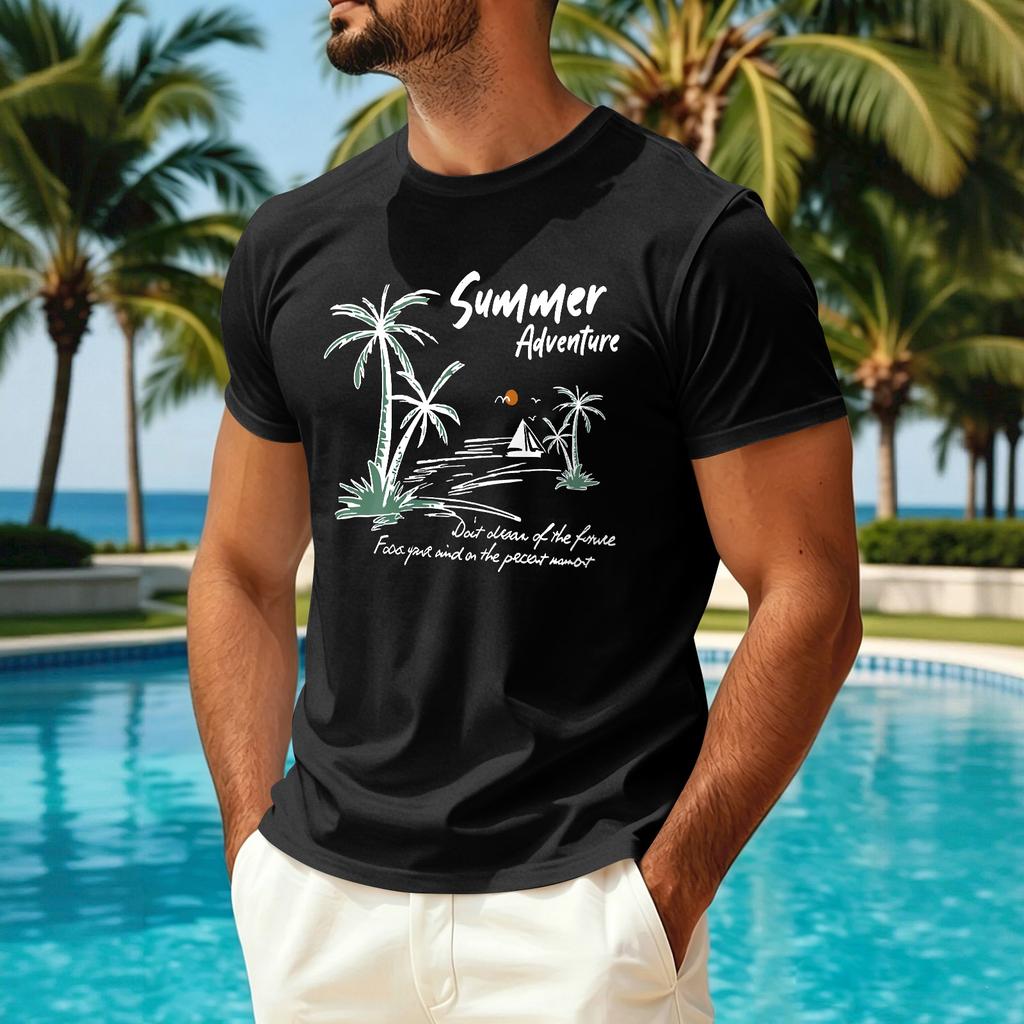 T-shirt décontracté d'été à manches courtes pour homme en tissu soie glacée séchage rapide respirant léger col rond imprimé pour activités de plein air
