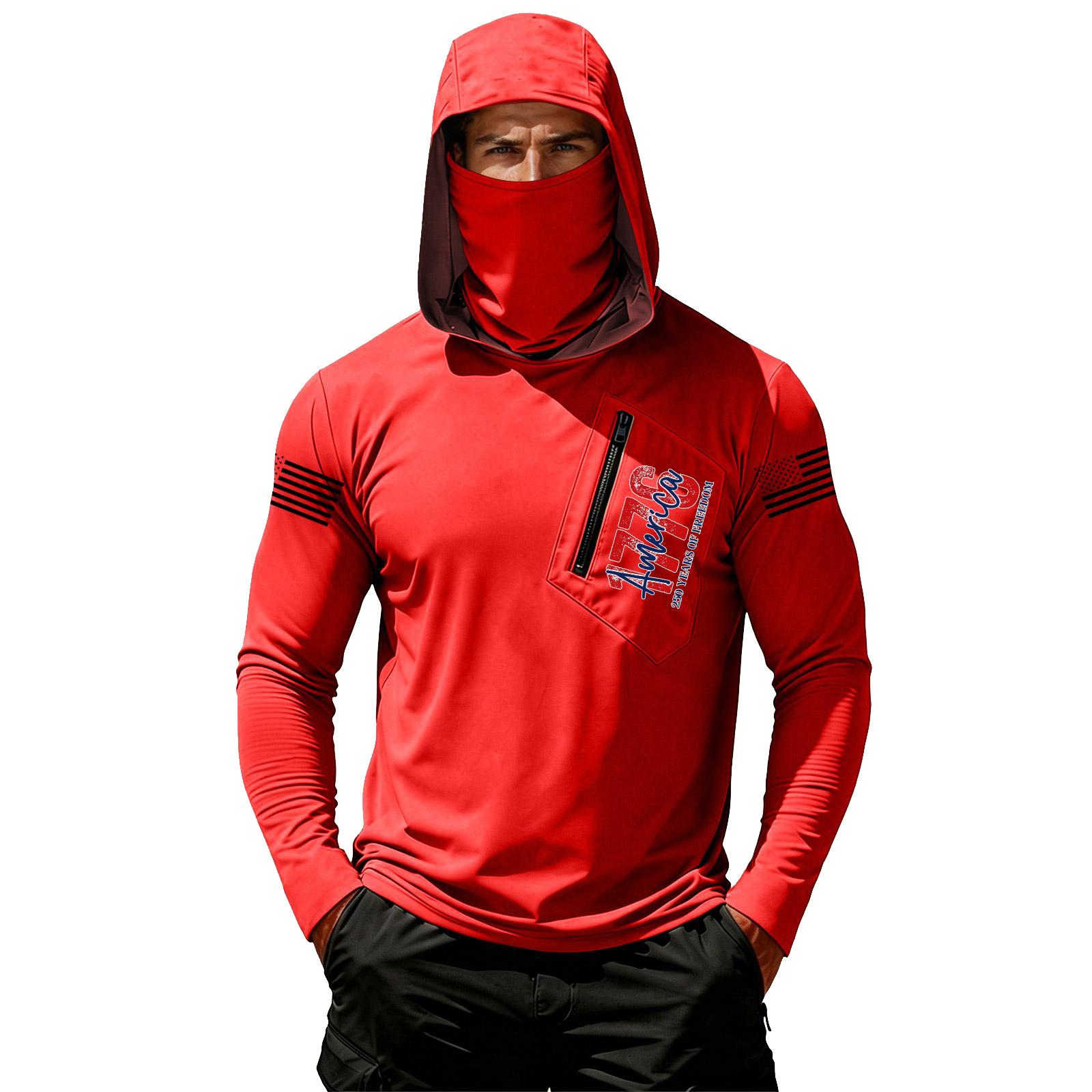 Men’s Long Sleeve Hooded Pullover Casual Lightweight Top with Zipper Pocket and Printed Chest Graphic Design XXL красный