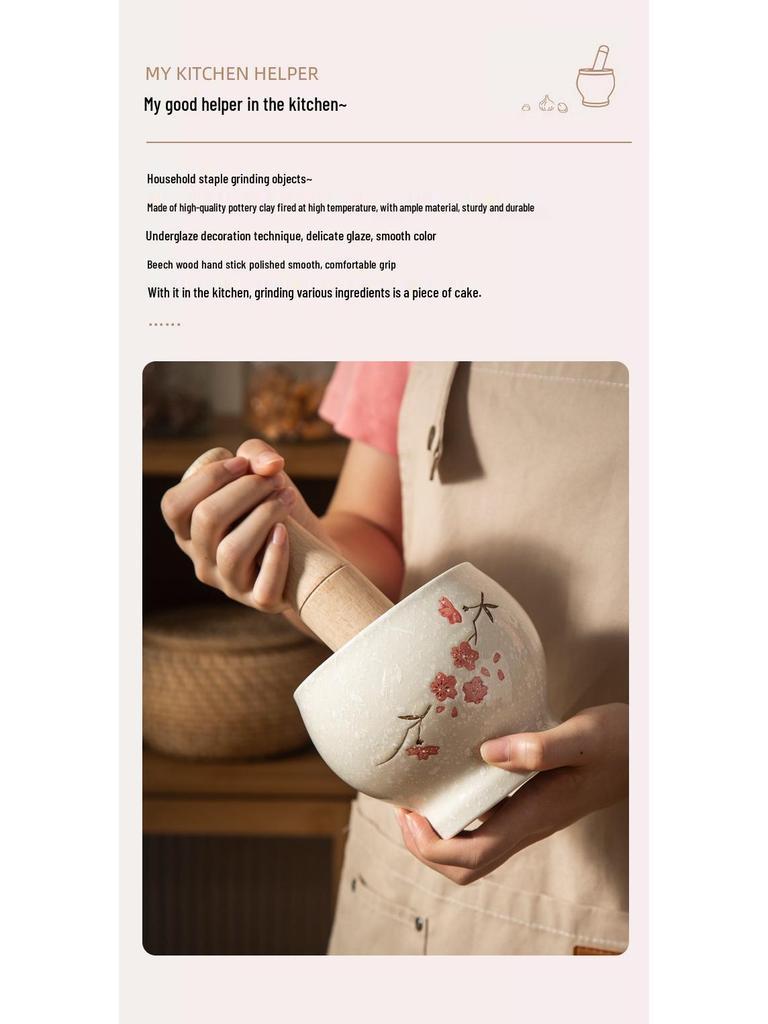 Ezme ve Öğütme İçin Ahşap Tokmaklı Seramik Sarımsak Ezici Havan ve Tokmak Seti