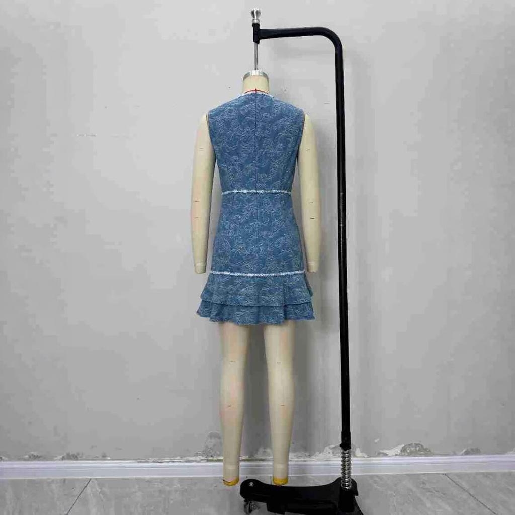 European and American Fashion Cross-border Women's Denim Dress, Sleeveless Design Blue and White Printed Element Denim Blue Dress