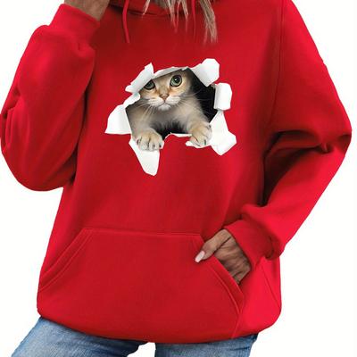 Sweat à capuche pour femme, automne et hiver, chaud, ample, décontracté, motif chat 3D imprimé, velours, manches longues