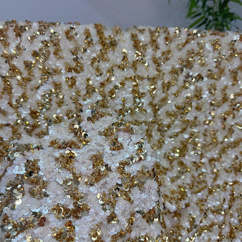 

Sequined Embroidery Lace Fabric Gold Silver Shiny Silk Fabric for Sewing Women Coat Clothes Skirts Dresses Clothing Material 1Yard золотий